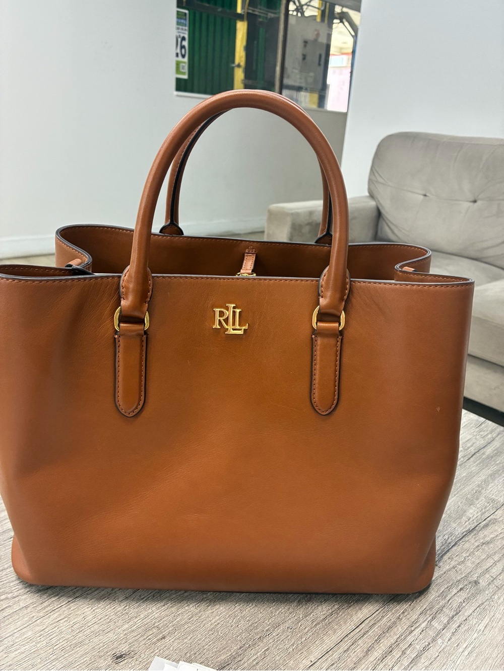 Ralph Lauren Tan Leather Tote with Gold RL Logo